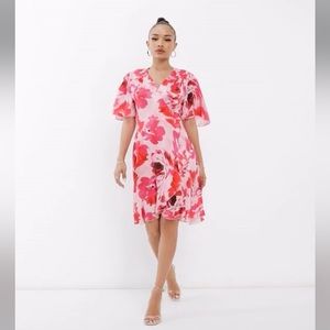 Pink purple red floral wrap flutter ruffle flounce v neck midi dress
